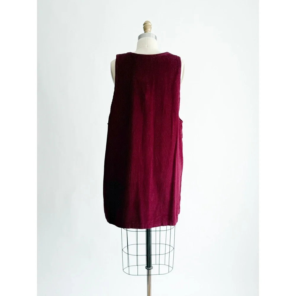 Basic Editions Corduroy Jumper Dress Vintage Pinafore Large Burgundy Button Up